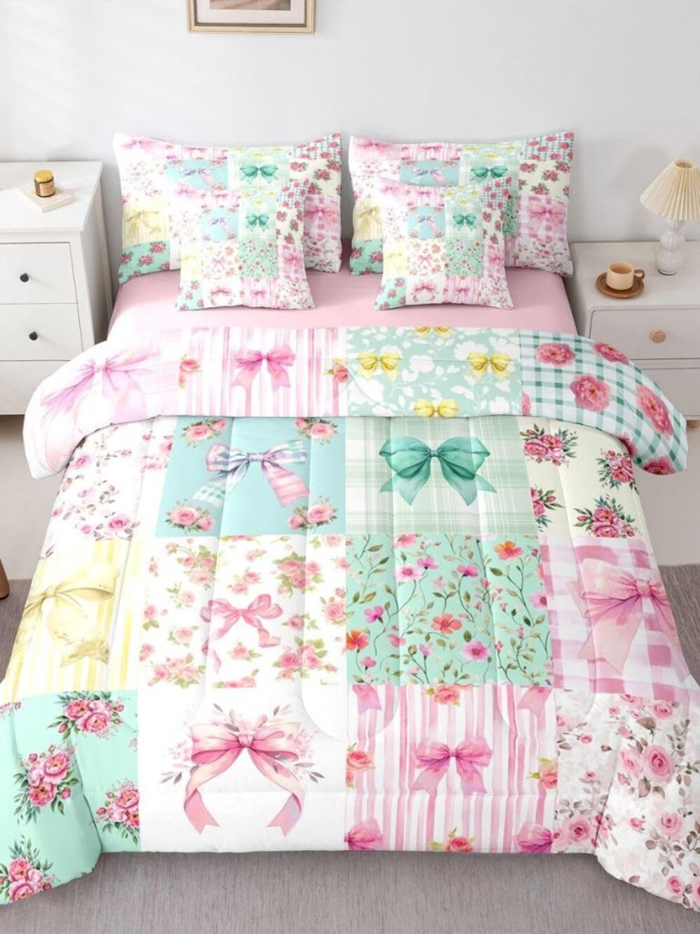 Floral Patchwork Comforter Set Queen,Vintage Bow Print 7 Pcs Bedding for Kids